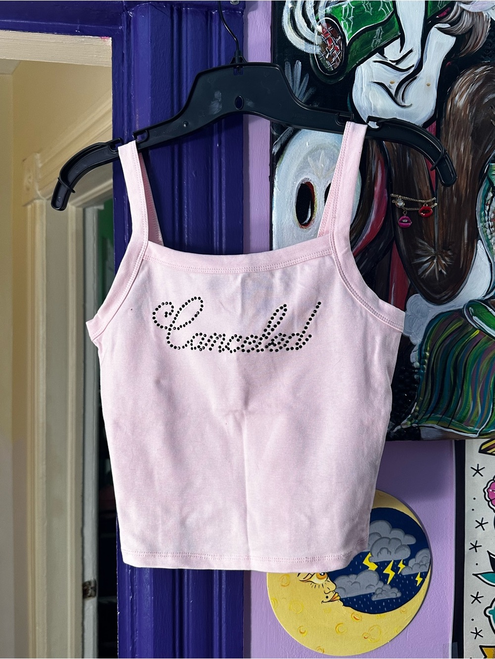 Pink Rhinestone 'Canceled' Cropped Camisole Tank